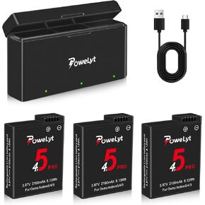 Osmo Action 5 Pro/4/3 Battery Charger Kit 3-Pack 2100mAh Osmo Action 5 Pro Batteries and 3-Channel Fast Charger Hub Compatible with DJI Osmo Action 5 Pro,Osmo Action 4 and Osmo Action 3