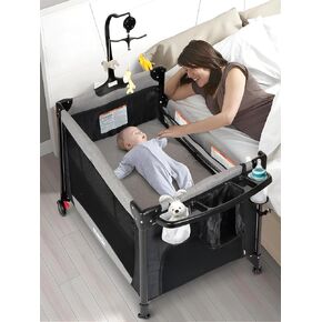 Baby Bassinet, Pack and Play with Bassinet, Bassinet Bedside Sleeper with Diaper Changer, Mosquito Net, Music Box, Portable Crib with One-Click Installation, Playard for Newborn to Toddlers