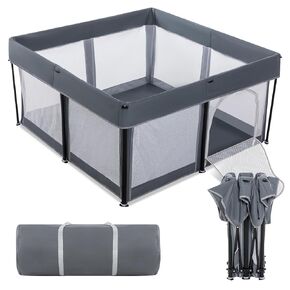 Foldable Baby Playpen,Collapsible Playpen for Babies and Toddlers, Extra Large Foldable Playpen for Baby with gate, Baby Activity Center with Fence, Travel Play Pen (Grey 50"×50")