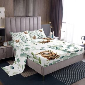 Erosebridal Cartoon Penguin Bed Sheets Set Toddler Woodland Wildlife Full Sheet Set, Spring Plant Sheets Eucalyptus Leaf Bed Set, Antarctic Animal Theme Flat Sheet Kids Room Decor