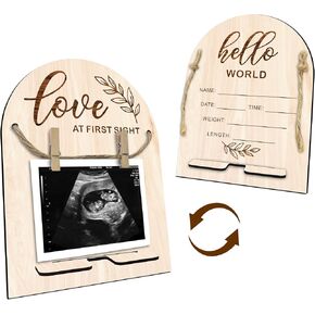 Hello World Baby Newborn Wooden Sign - Ultrasound Picture Frame With Stand - Double Sided Print Unfinished Baby Announcement Plaque - Hospital Nursery Baby Milestone Board & Pregnancy Gift - A01