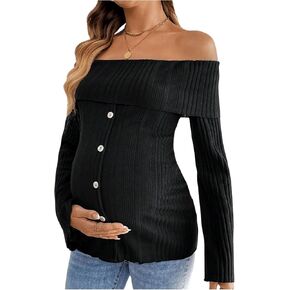 MakeMeChic Women's Maternity Tee Tops Rib Knit Off Shoulder Button Down Flounce Sleeve Pregnancy T Shirt