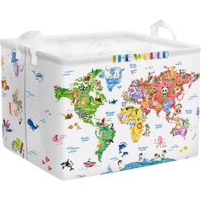 Clastyle Back to School World Map Storage Bin Alphabet Animals Baby Gift Basket Playroom Nursery Kid Toy Basket Organizer Rectangle Clothes Books Shelf Basket