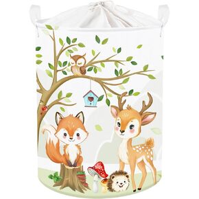 Clastyle 45L Large Forest Animal Kid Laundry Hamper with Handle for Boy Girl Collapsible White Fox Clothes Toy Storage Basket with Lid for Nursery