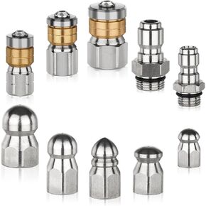 10 Pcs Sewer Jetter Nozzle Kit，Sewer jetter Nozzle Head Cleaning Kit, Sewer Nozzle Head Rotary Button Pressure Cleaning Accessory, 5000 PSI High-Pressure Nozzle Head Quick Connection Kit