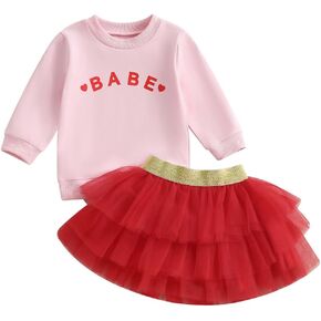 Canis Kids Toddler Baby Girls Valentine's Day Outfit BABE Two Hearts Long Sleeve Sweatshirt and Tutu Skirt Set
