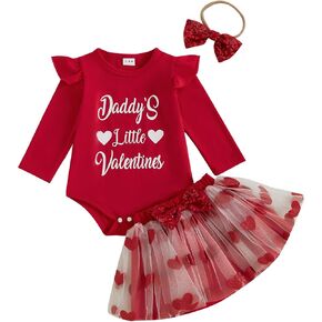 MoZiKQin Baby Girl Valentines Day Outfit Letter Print Long Sleeve Ruffle Romper Love Heart Tulle Skirt Headband Clothes Set