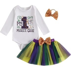 Toddler Baby Girl Mardi Gras Outfit Long Sleeve Letter Print Romper Mesh Tutu Bloomer Skirts Spring Clothes