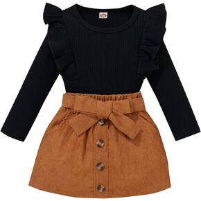 Mubineo Toddler Baby Girl 3PCS Fall Winter Skirt Outfits Long Sleeve Shirt Tops Plaid Skirts Hat Set