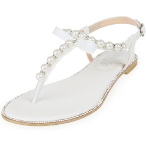 SheSole Women's Pearl T-Strap Bridal White Flat Sandals Beach Wedding Shoes