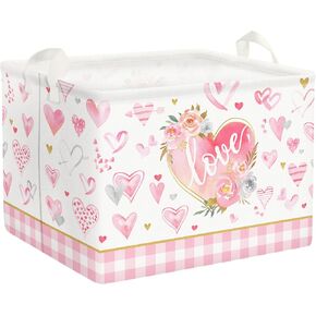 Clastyle Valentine's Day Love Gift Basket Empty Pink Buffalo Plaid Flower Heart Girl Basket Rectangle Clothes Book Shelf Basket Toy Storage