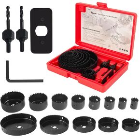 MAZING Hole Saw Set 19PCS Hole Saw Kit with 3/4" to 5" (19mm-127mm) Saw Blades, Mandrels, Installation Plate, Drill Bits, Hex Key and Case, Ideal for Drywall, Soft Wood, Plywood, Plastic, PVC Board