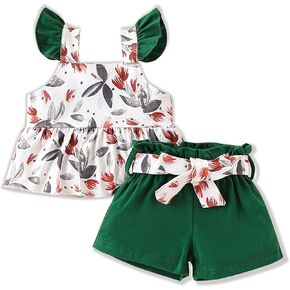 3-18M Newborn Baby Girl Outfits Set Ruffle Sleeve Floral Top + Soild Shorts with Belt