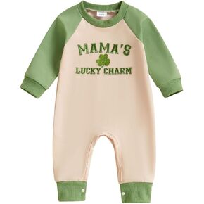 Lamuusaa Newborn Baby Boy St. Patricks Day Outfit Long Sleeve Lucky Charm Embroidery Romper One Piece Jumpsuit 0-18M