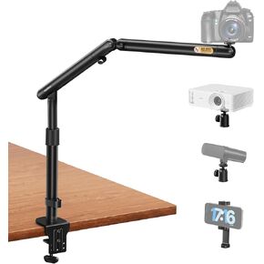 Overhead Camera Mount, Adjustable Desk Mount with Flexible Aluminum Spring Arm, 360° Ball Head, 1/4" 3/8" Screw & Phone Clamp for DSLR Cameras, Light, Heavy Microphones, and Smartphones