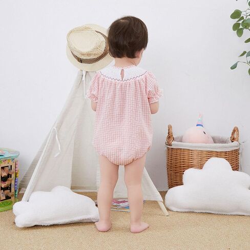 FIOMVA Toddler Baby Girl Clothes Summer Smocked Romper Bow Embroidery Bubble Onesie Short Sleeve Cute Bodysuit Outfits in Kuwait