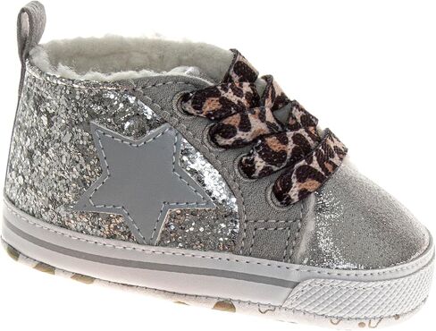 Josmo Infant Girls Fashion Sneakers Glitter High-Top Shoes - Star Patch Leopard Print Laces Lightweight Soft Sole (Size 2-4 Infant) in Saudi Arabia
