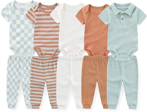 JELYLOVE 10 Pack Baby Boy Girl Bodysuits And Pants Sets New Born Outfits | classic baby pants set,easy to mix & match,100%cotton fabric,everyday wear,easy diaper changes,perfect for new parents in Saudi Arabia