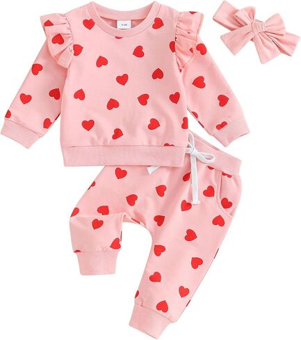 Toddler Baby Girl Valentines Day Outfit Heart Print Long Sleeve Ruffle Sweatshirt Pants Headband Set 3Pcs Clothes Set in Kuwait