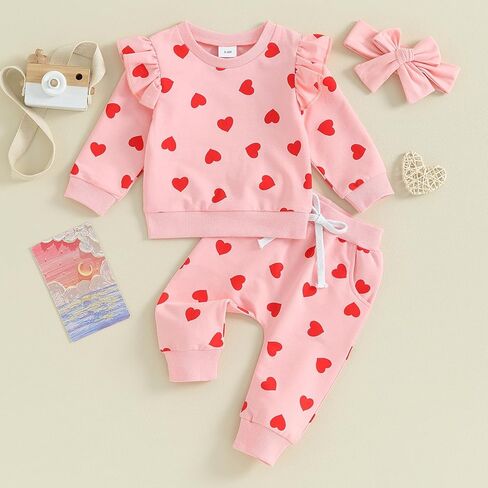 Toddler Baby Girl Valentines Day Outfit Heart Print Long Sleeve Ruffle Sweatshirt Pants Headband Set 3Pcs Clothes Set in Kuwait