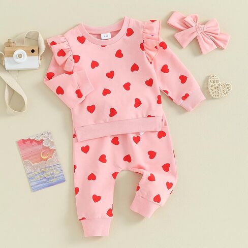 Toddler Baby Girl Valentines Day Outfit Heart Print Long Sleeve Ruffle Sweatshirt Pants Headband Set 3Pcs Clothes Set in Kuwait