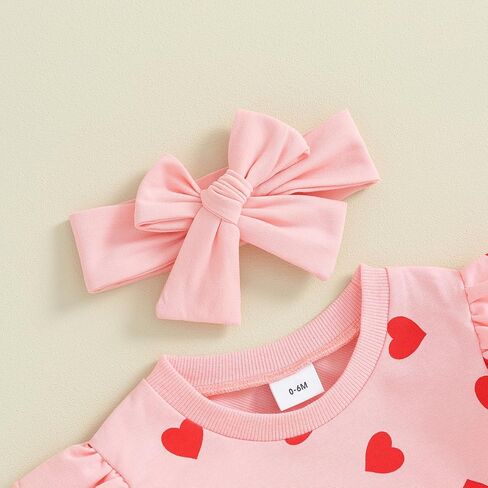 Toddler Baby Girl Valentines Day Outfit Heart Print Long Sleeve Ruffle Sweatshirt Pants Headband Set 3Pcs Clothes Set in Kuwait