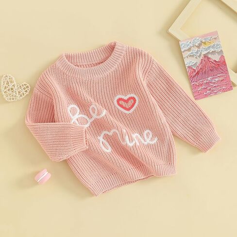 Honganda Cute Infant Baby Girl Cable Knit Oversized Sweater Heart Letter Embroidery Pullovers Jumpers Top for Valentine's Day in Kuwait