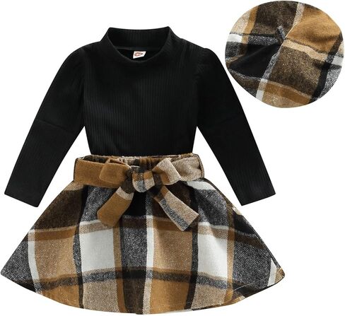 Mubineo Toddler Baby Girl 3PCS Fall Winter Skirt Outfits Long Sleeve Shirt Tops Plaid Skirts Hat Set in Kuwait