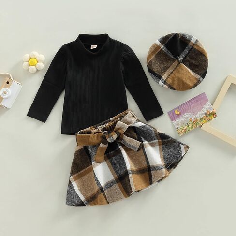 Mubineo Toddler Baby Girl 3PCS Fall Winter Skirt Outfits Long Sleeve Shirt Tops Plaid Skirts Hat Set in Kuwait