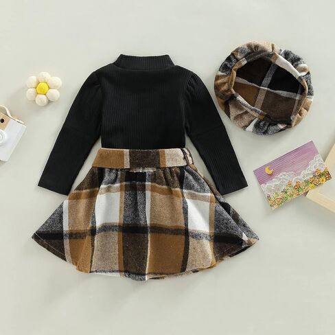 Mubineo Toddler Baby Girl 3PCS Fall Winter Skirt Outfits Long Sleeve Shirt Tops Plaid Skirts Hat Set in Kuwait
