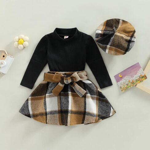 Mubineo Toddler Baby Girl 3PCS Fall Winter Skirt Outfits Long Sleeve Shirt Tops Plaid Skirts Hat Set in Kuwait
