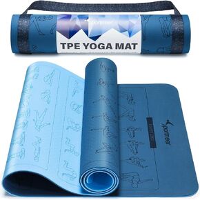 Sportneer Instructional Yoga Mats with 150 Fade-proof Poses Printed on It - 24" Wide x 72" Long Double-Sided Non Slip TPE Eco-Friendly Workout Mat - 6mm Thick Exercise Mat with Carrying Strap