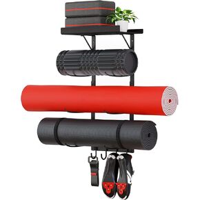 Yoga Mat Holder Wall Mount, Yoga Accessory Mat Storage Rack, Home Gym Accessories Organizer, Floating Shelf and Hooks for Hanging Foam Roller/Band/Workout Equipment at Pilates Fitness Class