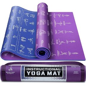 Instructional Yoga Mat with Poses Printed On It & Carrying Strap - 75 Illustrated Yoga Poses & 75 Stretches - Cute Yoga Mat For Women and Men - Non-Slip, 1/4" Extra-Thick Yoga Mat For Beginners