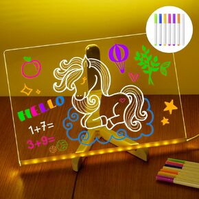 LED Note Board with Colors 11.8 X 7.9", Acrylic Dry Erase Board with Light, Led Drawing Writing Board for Kids with 7 Marker Pen, Light up Message Board with Stand, Glow Rewritable Memo Board Write On