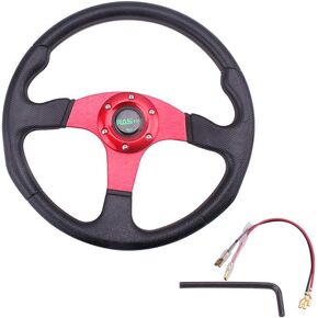 RASTP Universal Racing Steering Wheel 13.8"/350mm 6 Bolts Grip Vinyl Leather & Aluminum with Horn Button for Car-Black