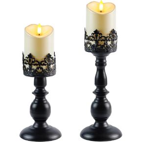 Homemory Candle Holders for Pillar Candles Set of 2, Gothic Vintage Candle Holders for Table Centerpiece, 11" 9" Tall Candle Stand Decorative for Dining Fireplace Living Room (Black)