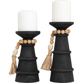 Deco 79 Wood Handmade Textured Matte Candle Holder with Beaded Garland Accent, Set of 2 10", 8" H, Black