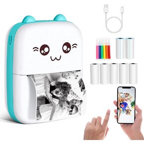 Mini Printer Portable, Pocket Thermal Printer with 7 Rolls Paper, Bluetooth Wireless Smart Printer for Photo Picture Office Receipt Label Note QR Code Inkless Printing with iOS Android APP (Blue)