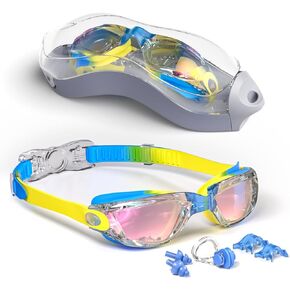 Kids Swim Goggles, Swimming Goggles for Kids with Nose Clip, Earplugs, Nose Bridge for Age 3-15