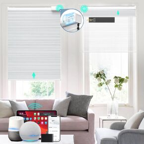 Solar Powered Rechargeable Motorized Smart Blinds(Free Solar Panel) Remote Control, Blackout Electric Cellular Shades, Windows Automatic Honeycomb Blinds, with Alexa Google, White, 36"× 64"