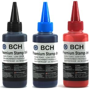 Black Blue Red Stamp Ink Refill by BCH - Premium Grade -2.5 oz (75 ml) Ink Per Bottle (7.5 oz / 225 ml Total)