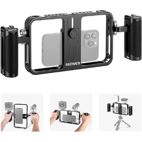 NEEWER Phone Stabilizer Video Rig Kit, Aluminum Handheld Phone Cage with Silicone Handles&Adjustable Phone Clip Compatible with iPhone 14 Plus 14 Pro Max 13 Pro Max Samsung for Vlogging Live Streaming