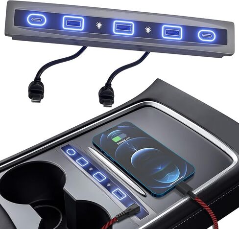 محور USB LED 5 في 1 مناسب لـ Tesla 2021 2022 2023 Model 3 Model y محطة إرساء متوافقة مع مستشعر ذكي لوحدة التحكم المركزية، ملحقات مطورة in Kuwait