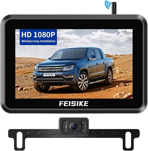 كاميرا احتياطية لاسلكية من FEISIKE مع شاشة 5 بوصات، إشارة ثابتة سهلة الإعداد HD 1080P كاميرا احتياطية للمركبة مع IP69 مقاومة للماء ورؤية ليلية فائقة، كاميرا رؤية خلفية بلوتوث للسيارات والشاحنات الصغيرة in Kuwait