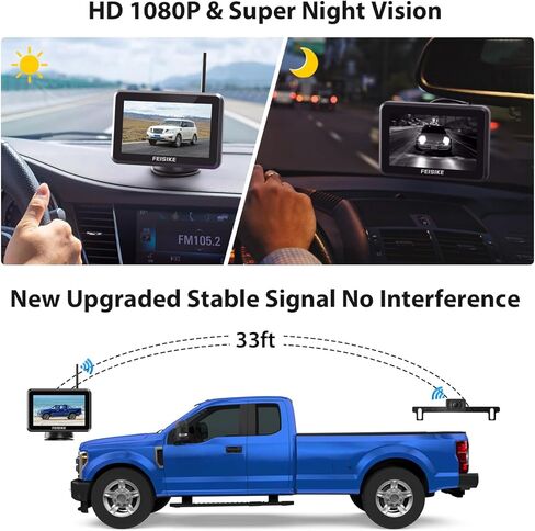 كاميرا احتياطية لاسلكية من FEISIKE مع شاشة 5 بوصات، إشارة ثابتة سهلة الإعداد HD 1080P كاميرا احتياطية للمركبة مع IP69 مقاومة للماء ورؤية ليلية فائقة، كاميرا رؤية خلفية بلوتوث للسيارات والشاحنات الصغيرة in Kuwait