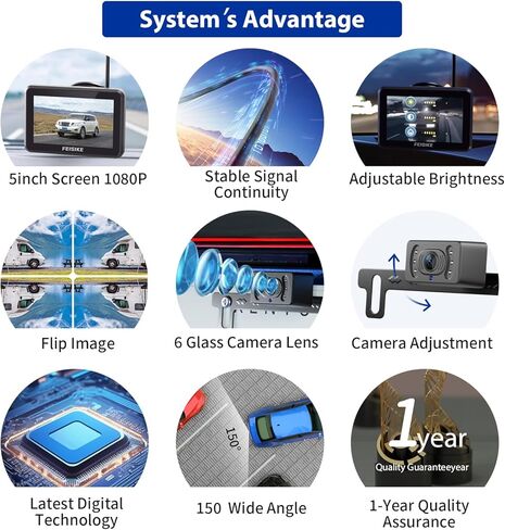 كاميرا احتياطية لاسلكية من FEISIKE مع شاشة 5 بوصات، إشارة ثابتة سهلة الإعداد HD 1080P كاميرا احتياطية للمركبة مع IP69 مقاومة للماء ورؤية ليلية فائقة، كاميرا رؤية خلفية بلوتوث للسيارات والشاحنات الصغيرة in Kuwait