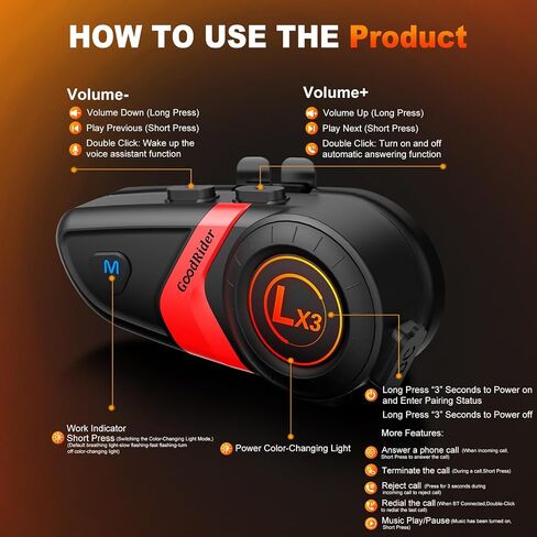 LX3 Motorcycle Bluetooth Headset,Sking Earphone,CVC Noise Cancellation Stereo Music Automatic answering,100 Hours Playing time High Sound Ultra-Thin Motorcycle Helmet Bluetooth in Saudi Arabia