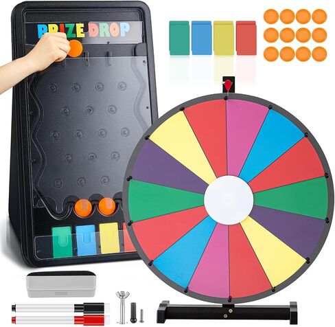 24" Spinning Prize Wheel and 25"x 14" Foldable Prize Drop Plinko Board Game, Spinning Wheel with 14 Color Slots Roulette, Win The Fortune Spinning Game for Party, Trade Show, Carnival in Saudi Arabia