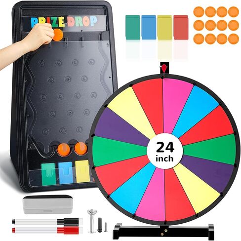 24" Spinning Prize Wheel and 25"x 14" Foldable Prize Drop Plinko Board Game, Spinning Wheel with 14 Color Slots Roulette, Win The Fortune Spinning Game for Party, Trade Show, Carnival in Saudi Arabia